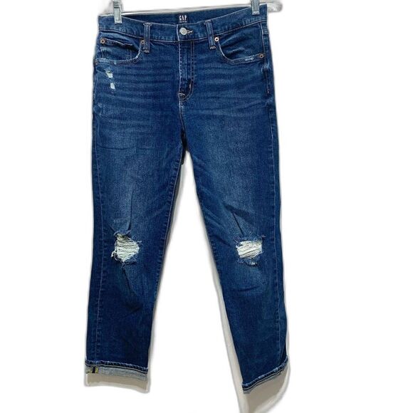 Gap Regular Girlfriend Dark Wash Blue Jeans Distressed Busted Out Knees size 4 - Picture 1 of 8